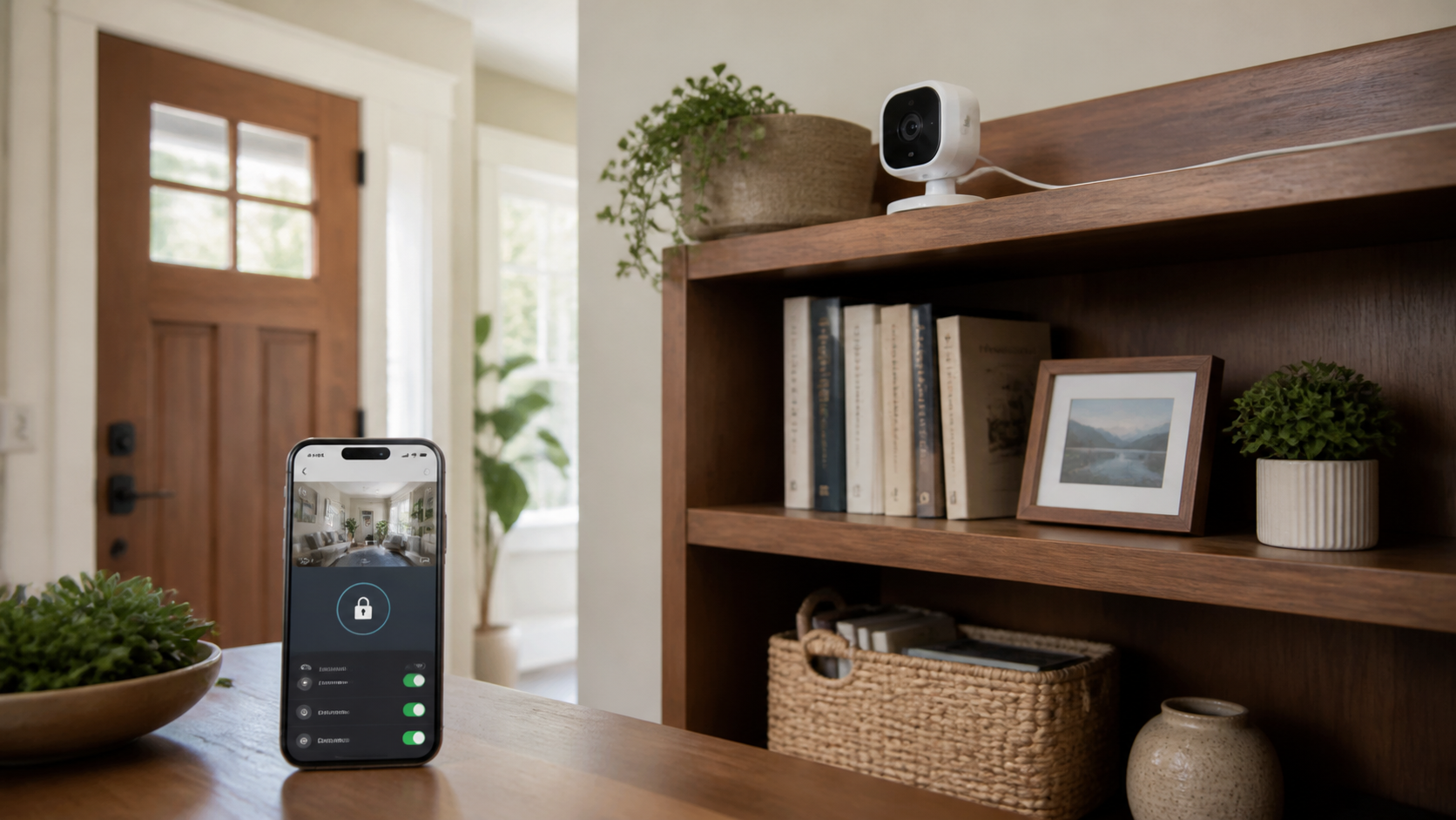 Indoor security camera placed visibly on a high shelf in a home entry area
