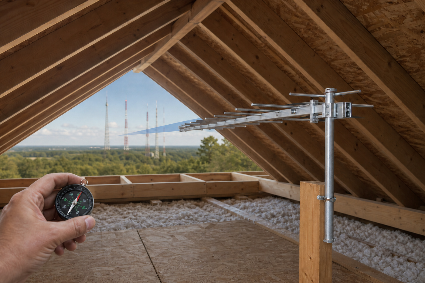 Attic-mounted TV antenna being aimed toward towers using a compass