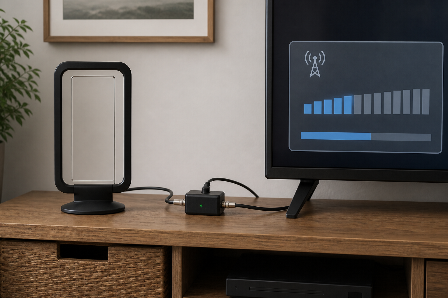 Indoor TV antenna and signal amplifier being tested for weak over-the-air reception