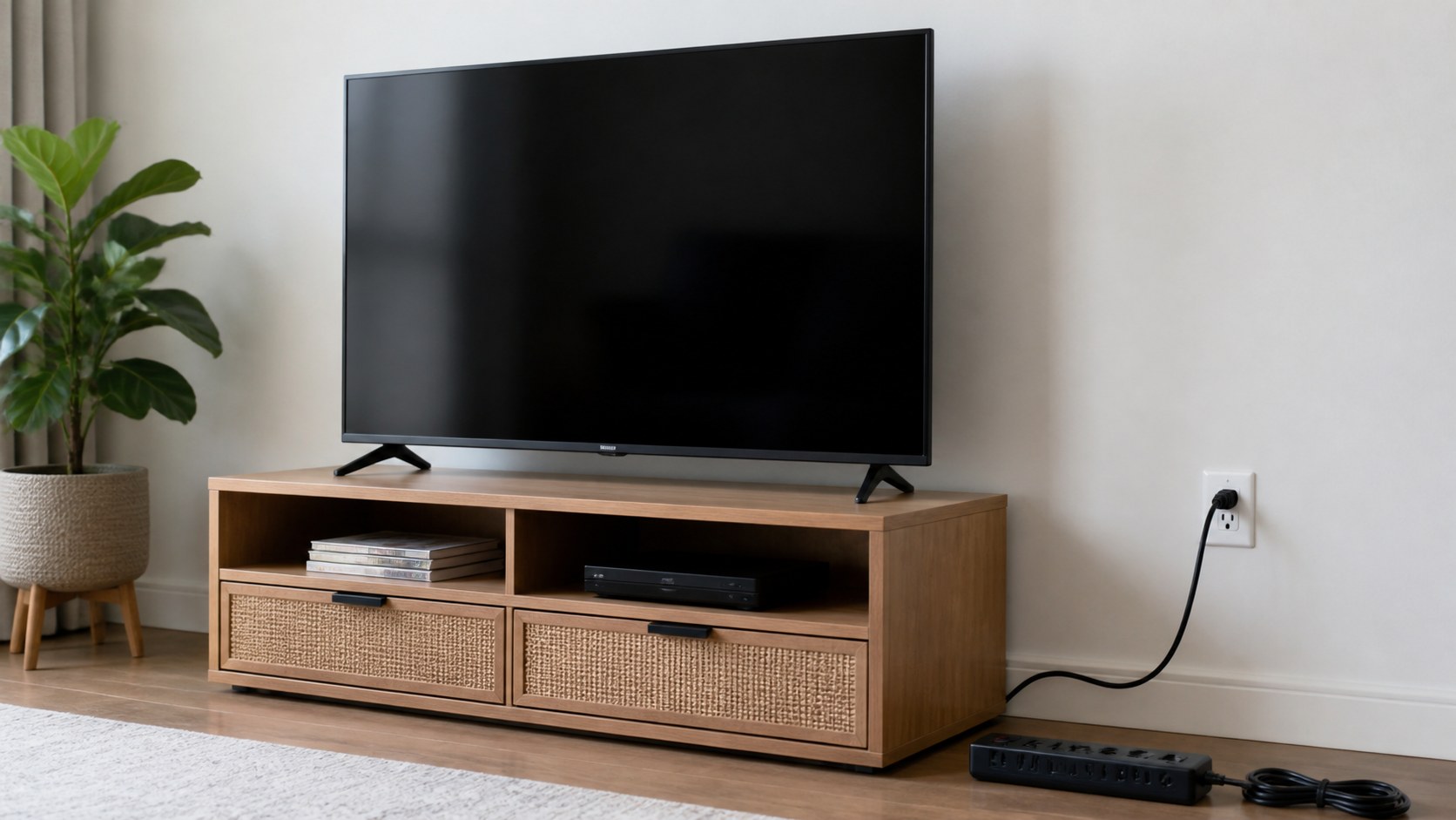 Television with clear ventilation space and its power cord connected directly to a wall outlet.