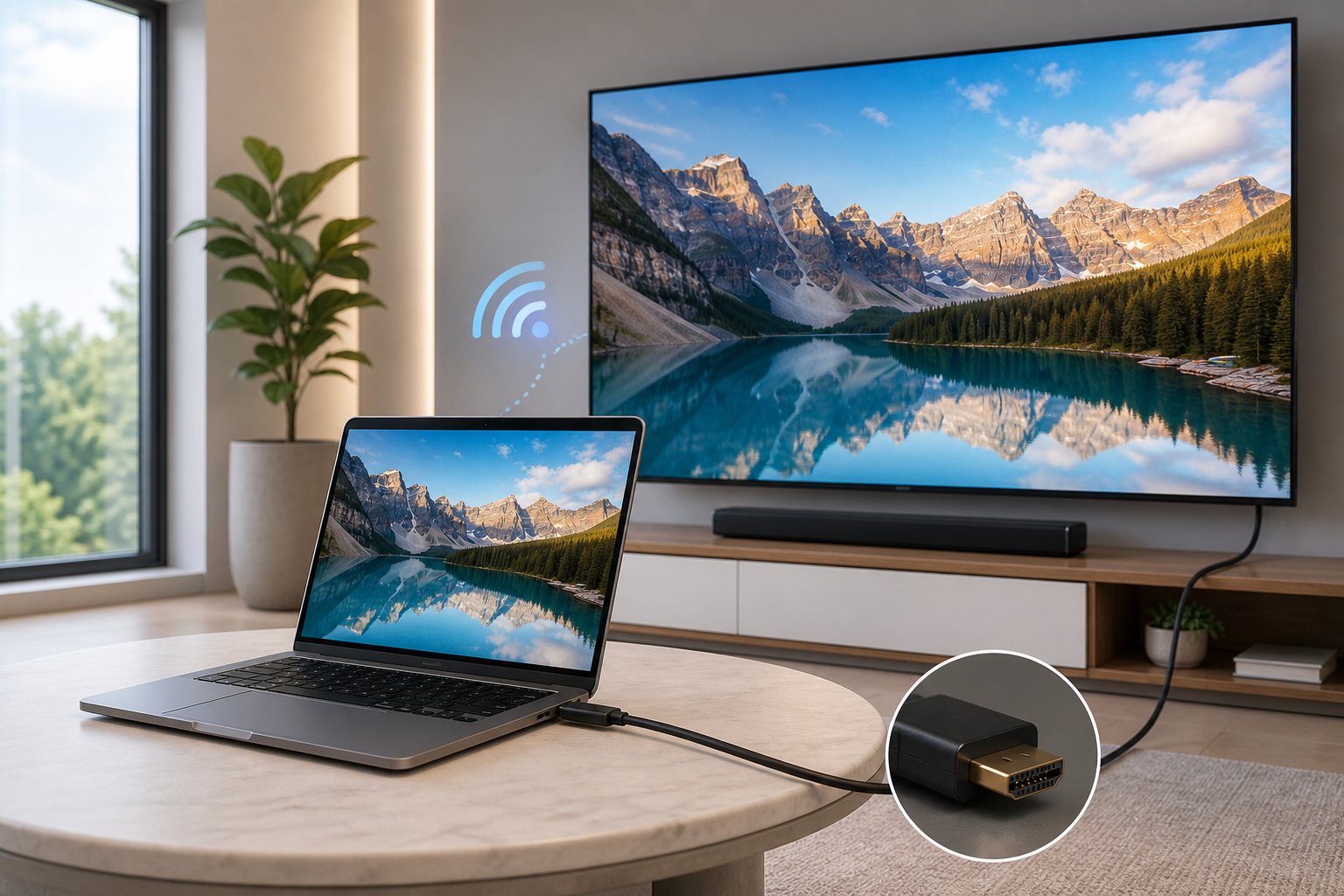 Laptop connected to a television by HDMI and wireless casting