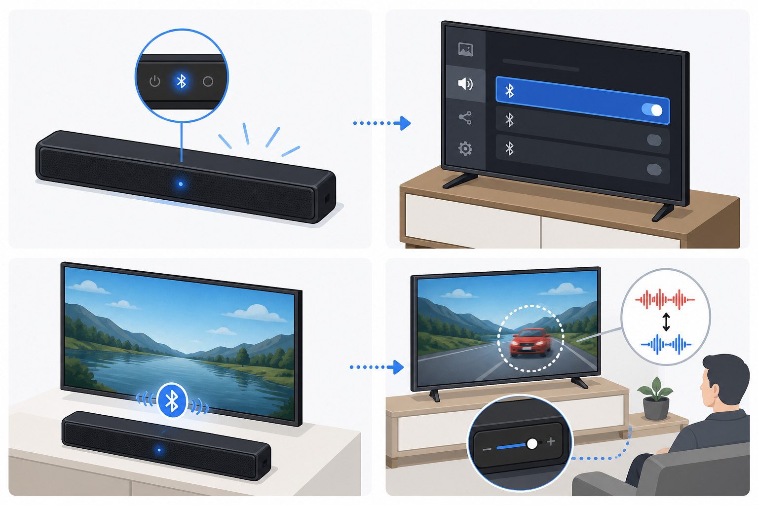 Bluetooth soundbar pairing steps from TV settings to connected audio