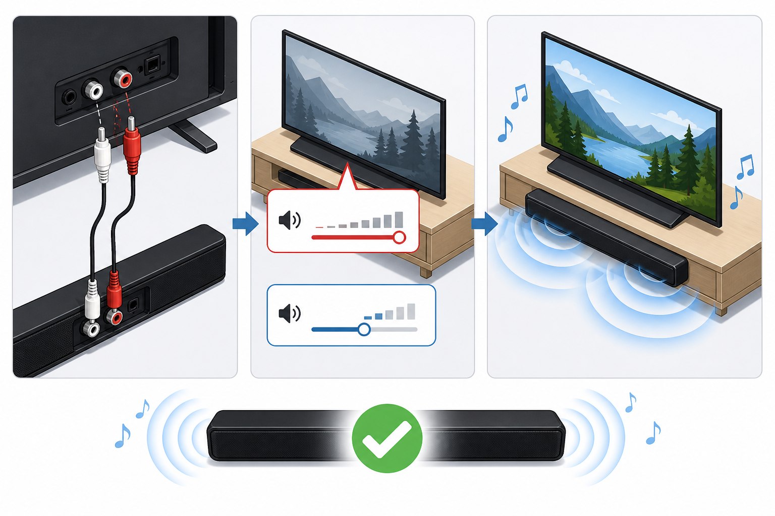 RCA soundbar setup matching television audio output to left and right soundbar inputs