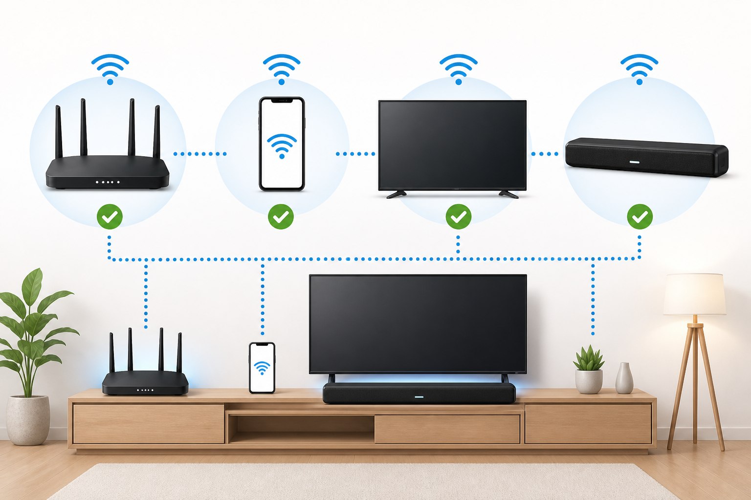 Soundbar Wi-Fi setup showing phone app router TV and soundbar on the same network