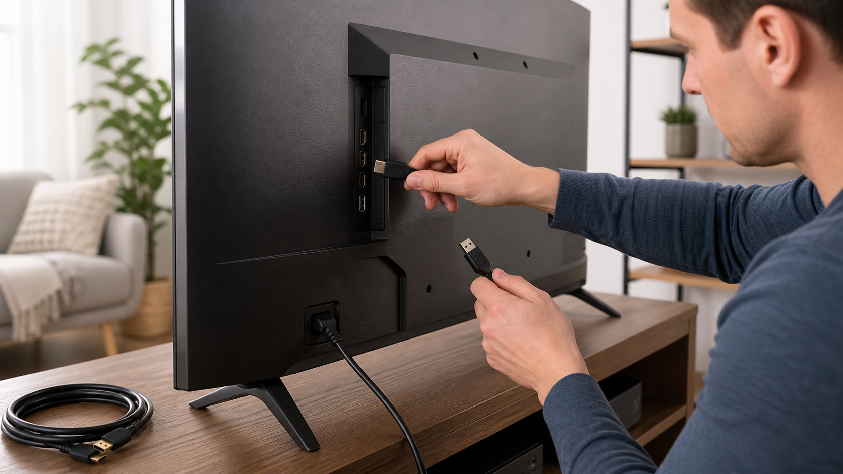 Homeowner disconnecting HDMI and USB cables from a television while leaving the power cord connected