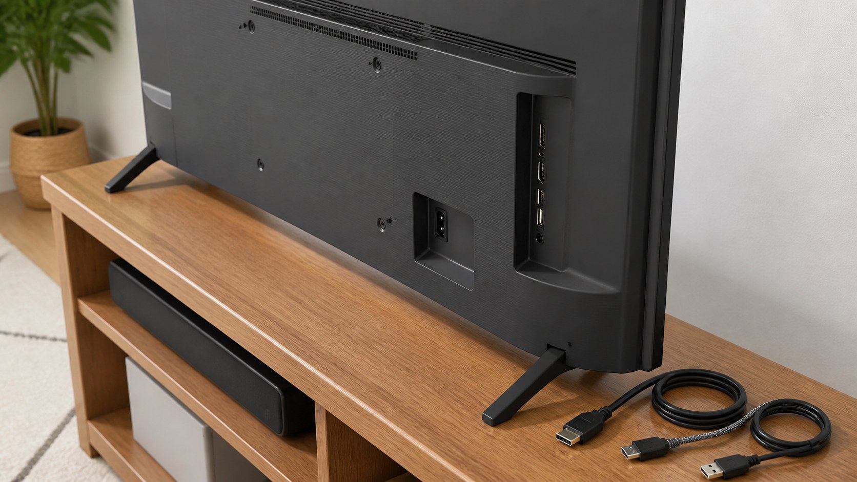 HDMI and USB cables disconnected from the back of a television during an isolation test.
