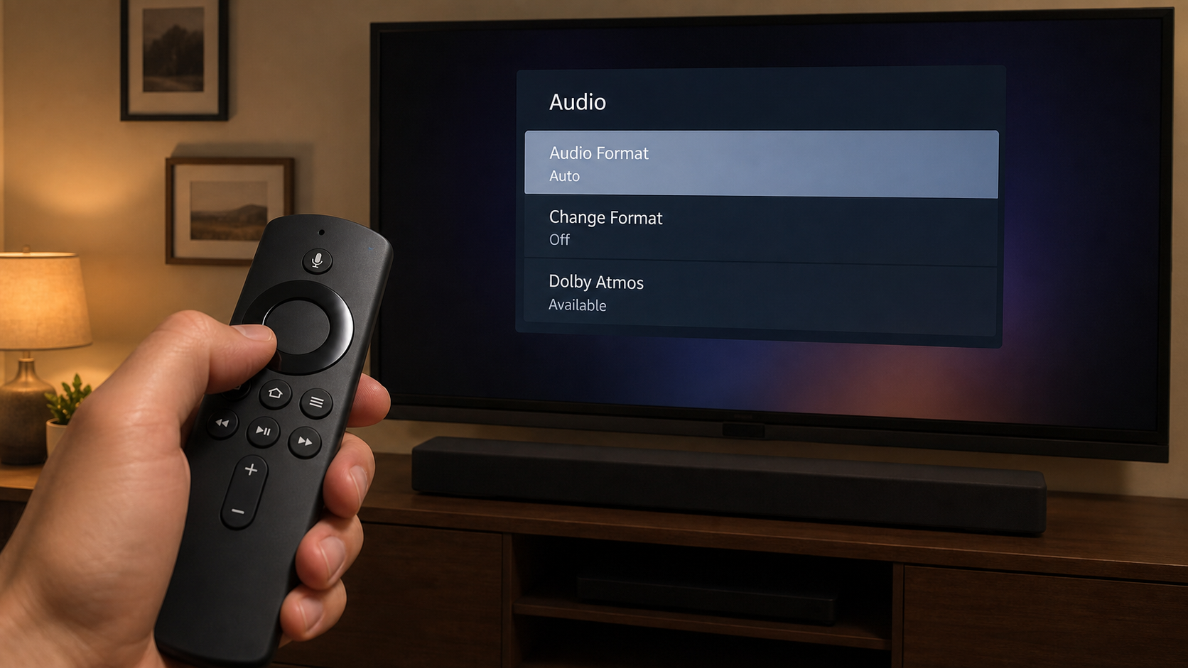 Remote selecting Apple TV audio format settings for a soundbar