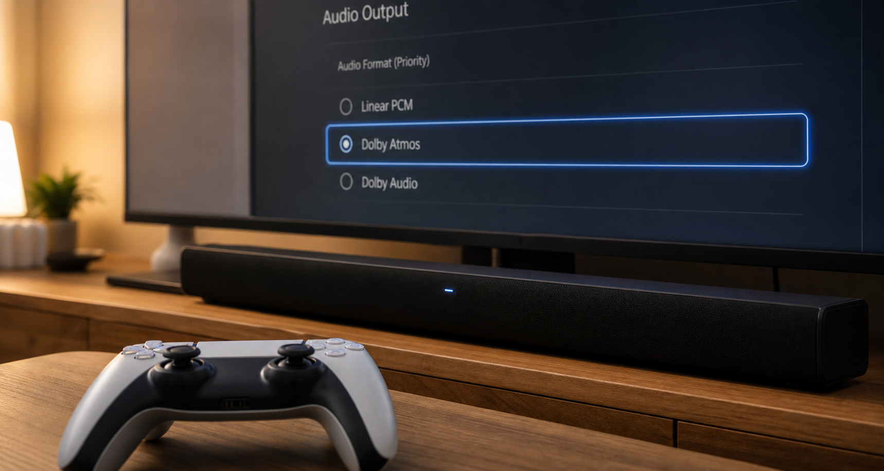 Game controller selecting a soundbar audio format on a television