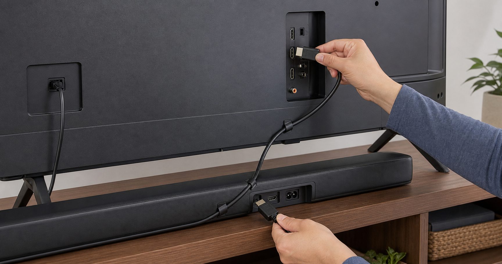 HDMI cable being connected between a television and soundbar