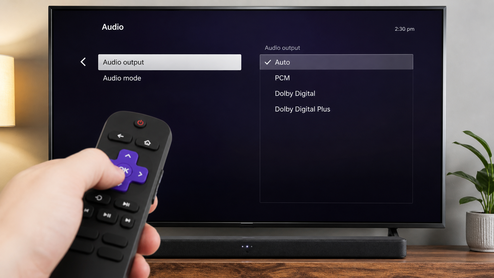 Remote selecting Roku sound settings for a soundbar
