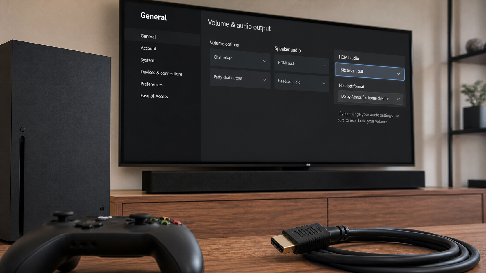 Game controller and HDMI cable for Dolby Atmos soundbar audio setup