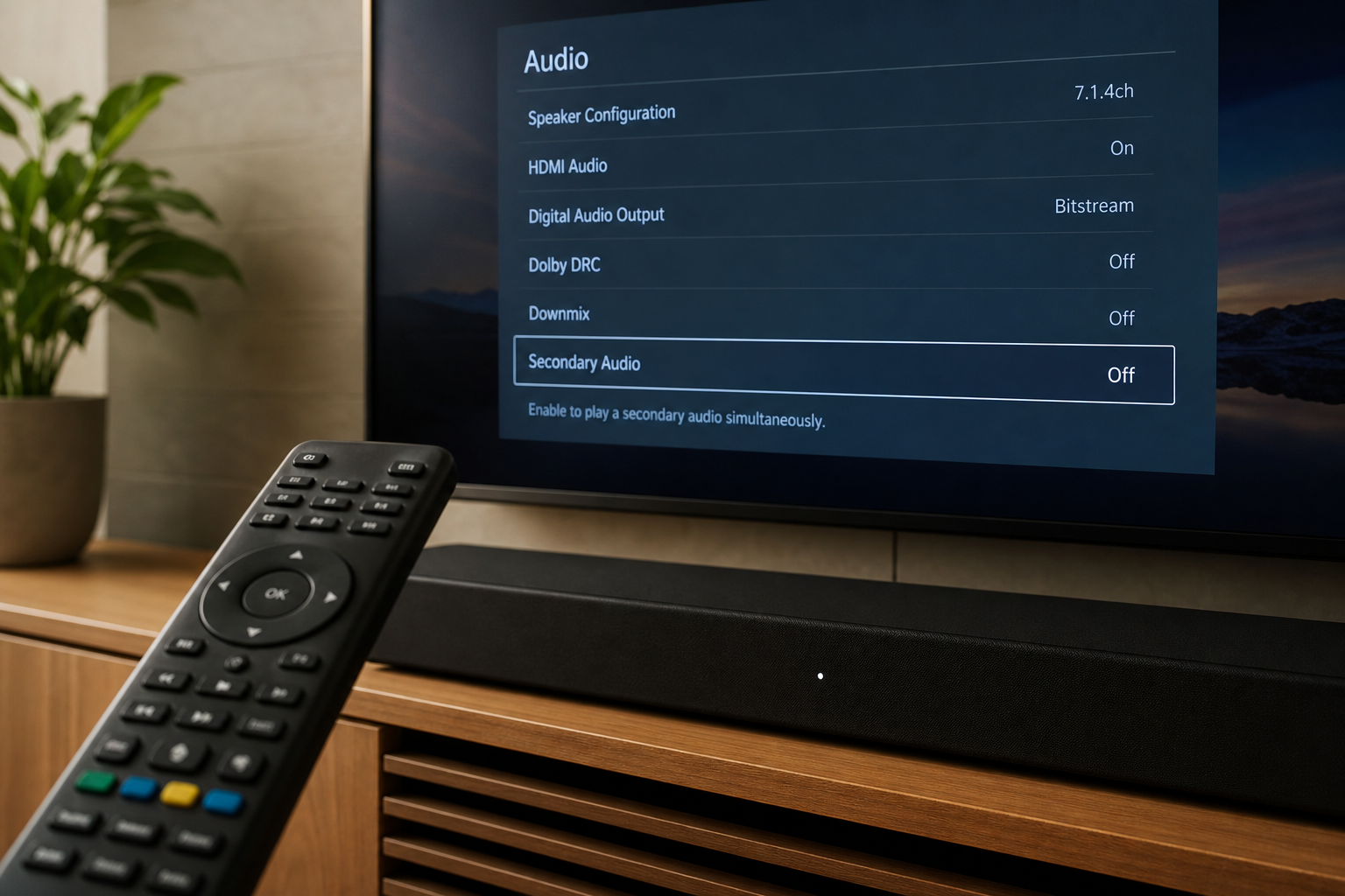 Blu-ray player remote used to turn Secondary Audio off for Dolby Atmos