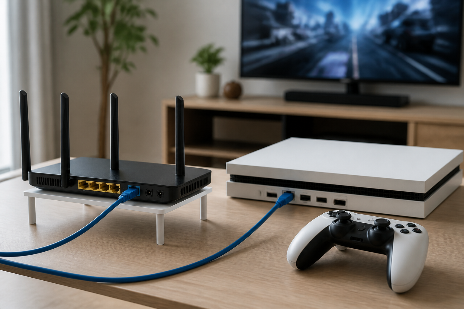 Game console connected to a Wi-Fi router by Ethernet with a wireless controller