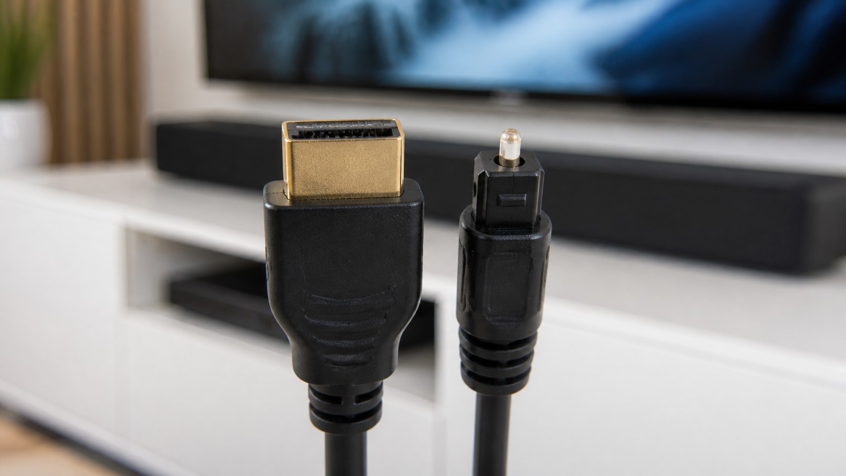 Close comparison of HDMI and TOSLINK optical cable connectors