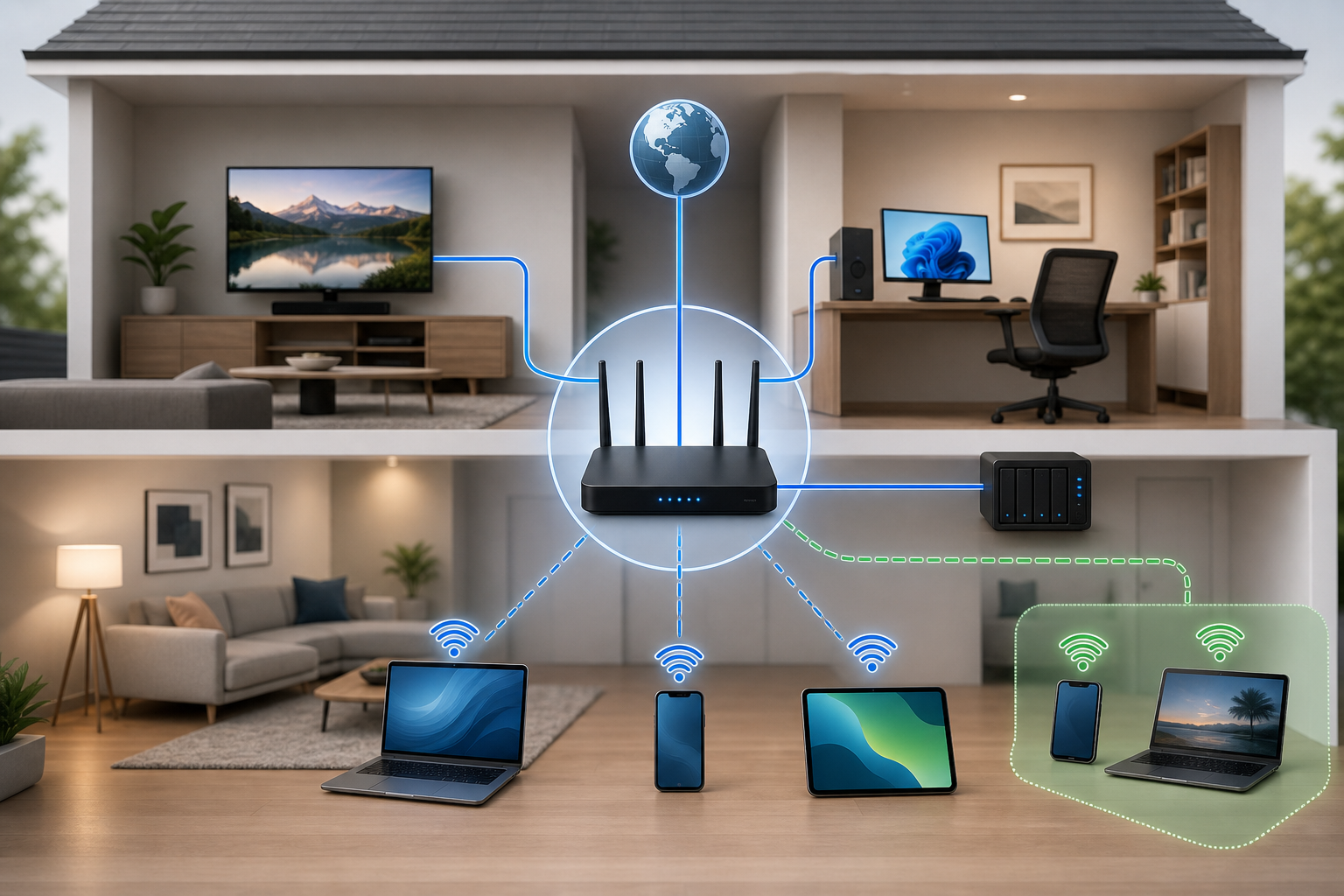 Modern home computer network with wired and Wi-Fi devices