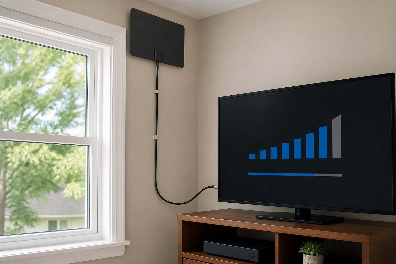 Indoor and outdoor TV antennas shown at a home to compare placement options