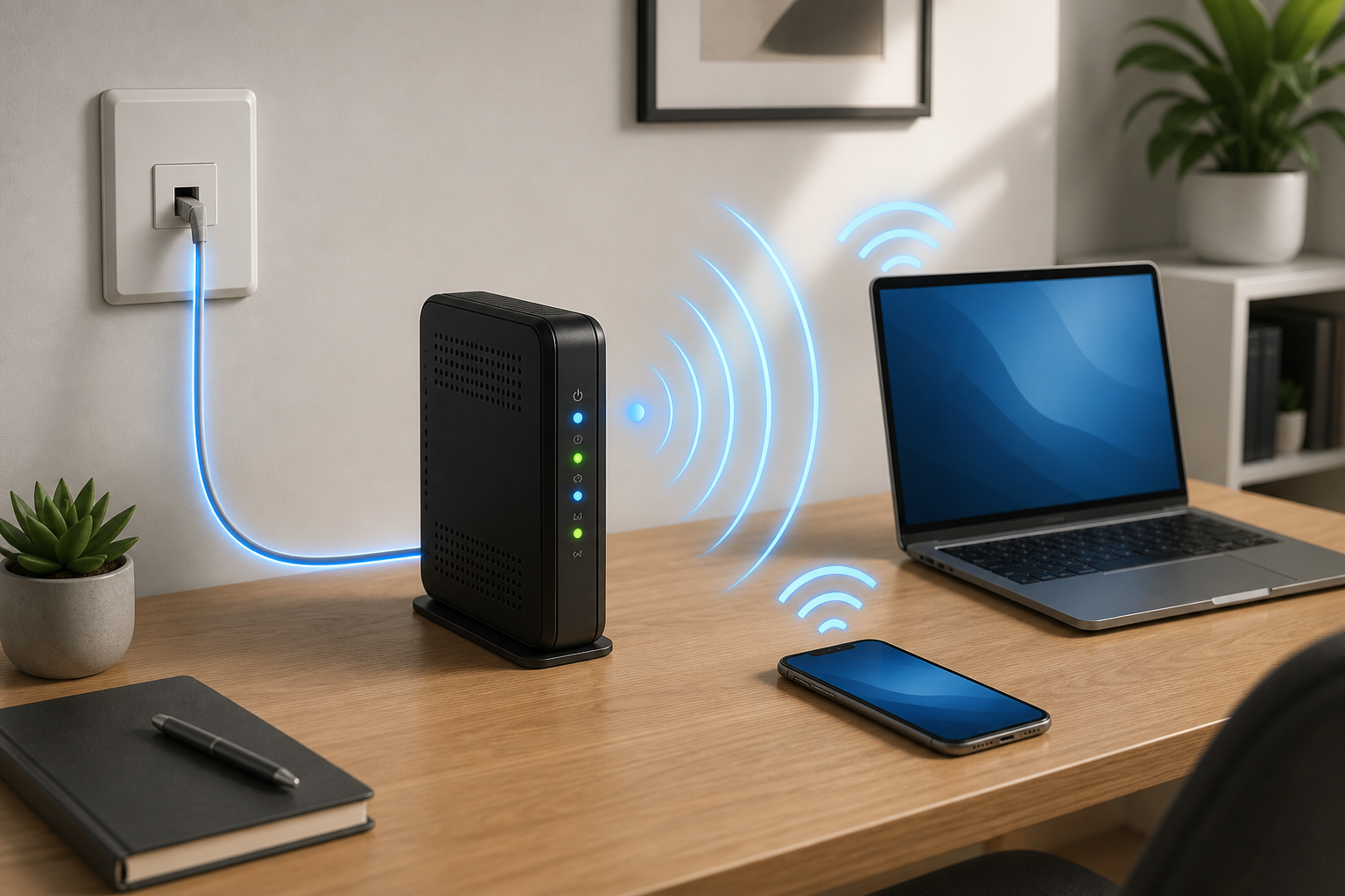 DSL modem connected by telephone line with Wi-Fi serving a laptop and phone