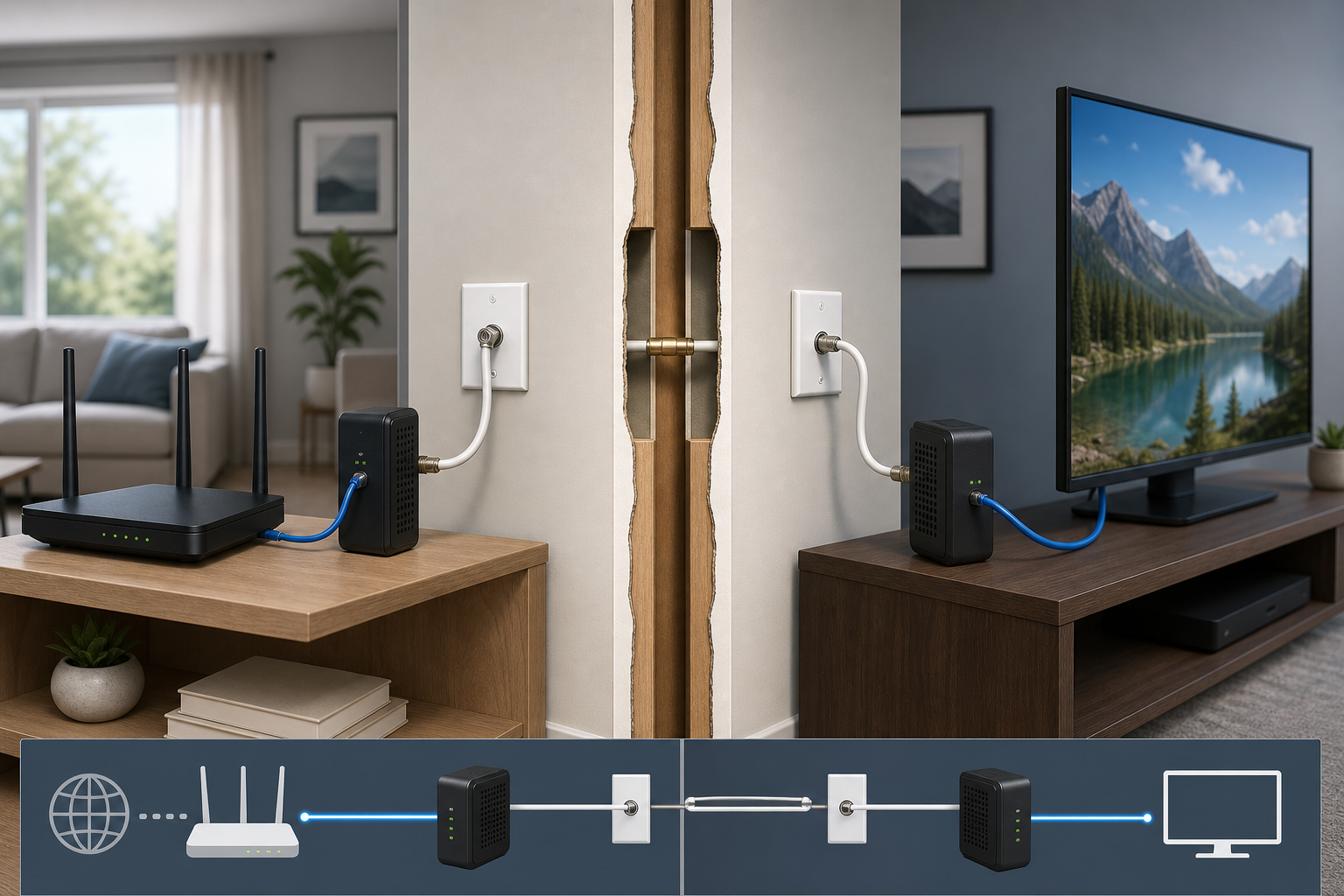 MoCA adapters carrying an Ethernet network over coaxial cable