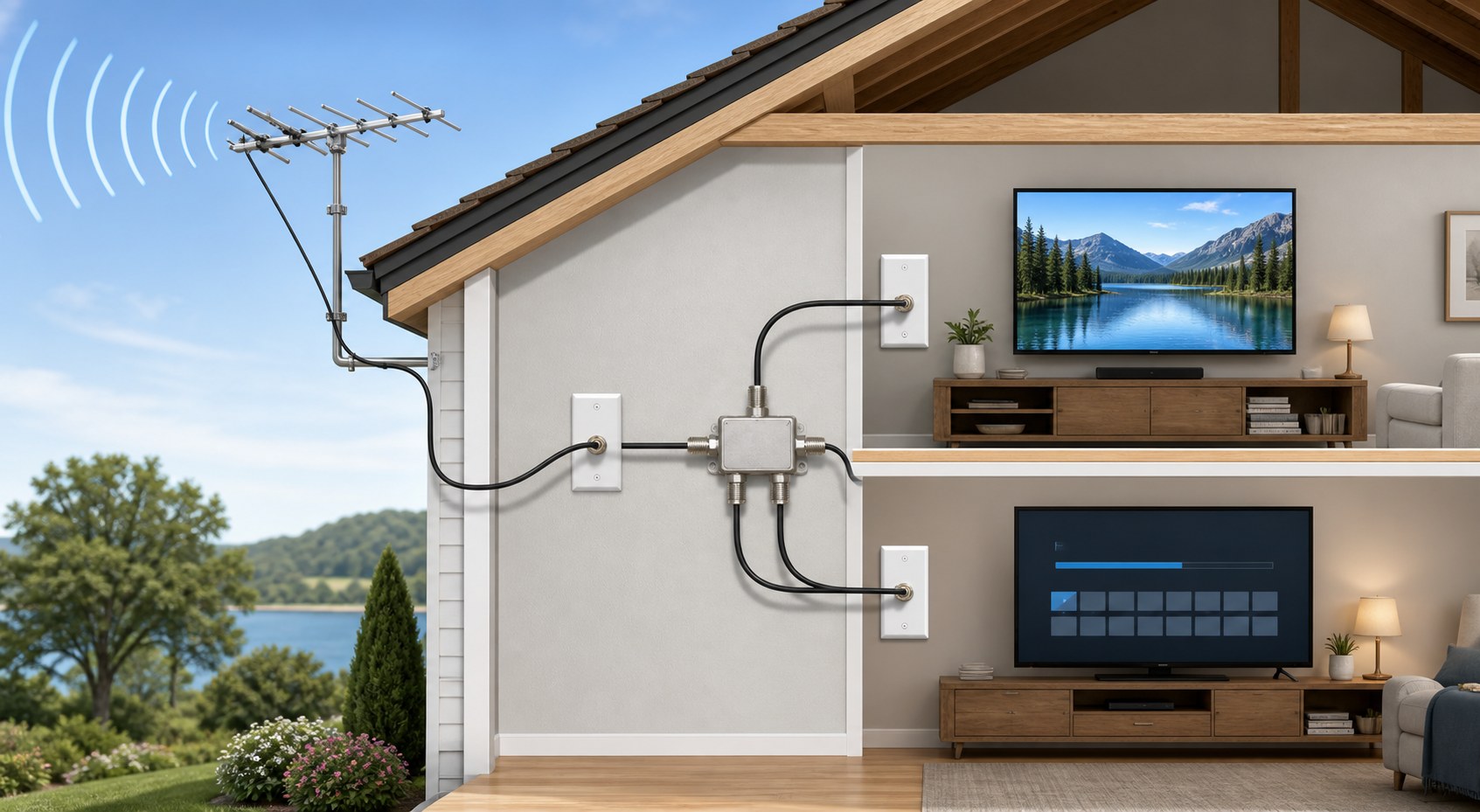 OTA antenna connected by coaxial cable through a splitter to two televisions