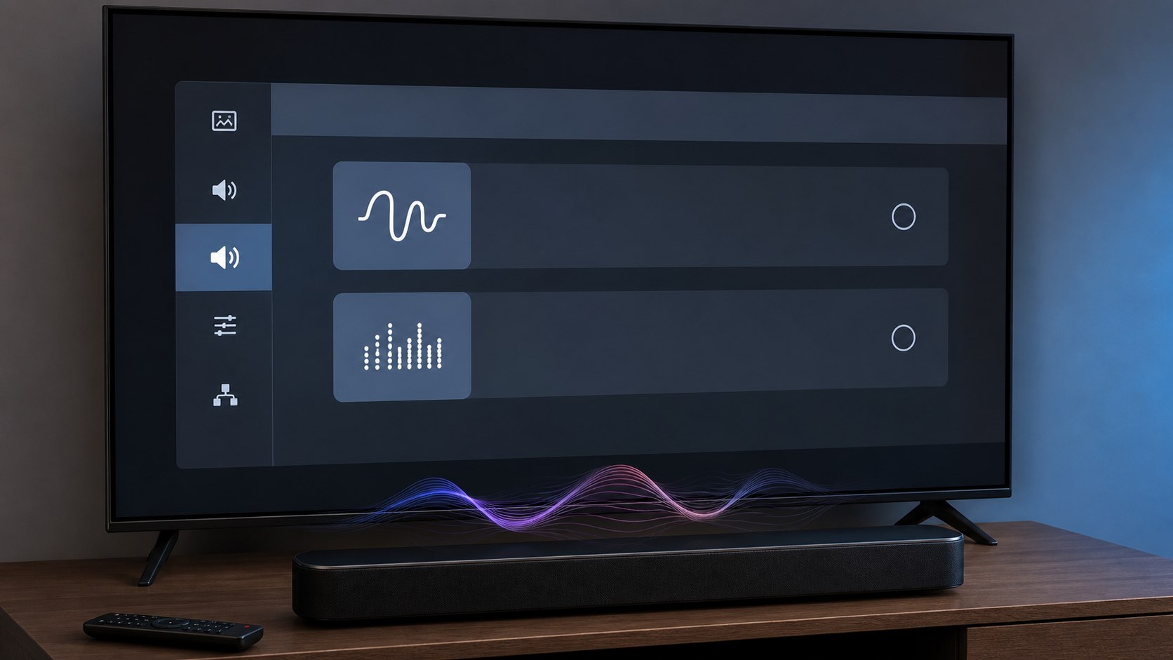 Television audio menu presenting two digital signal choices above a soundbar