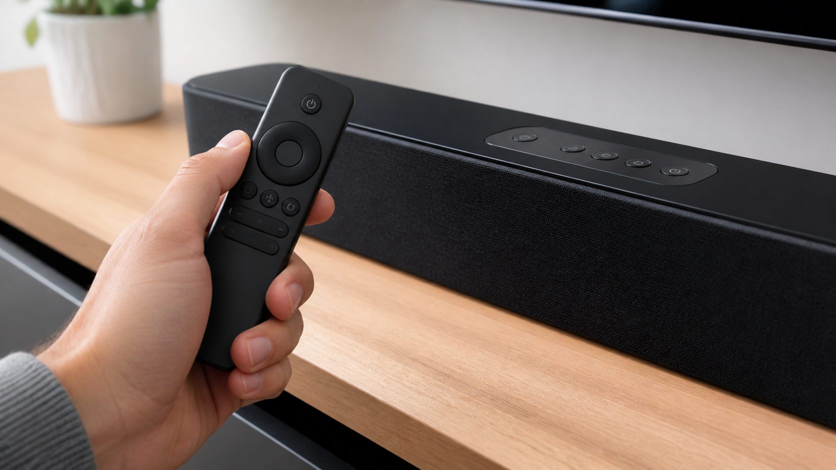 Soundbar remote beside soundbar controls