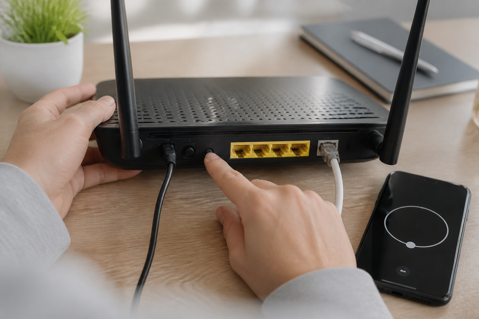 Hand restarting a Wi-Fi router during troubleshooting