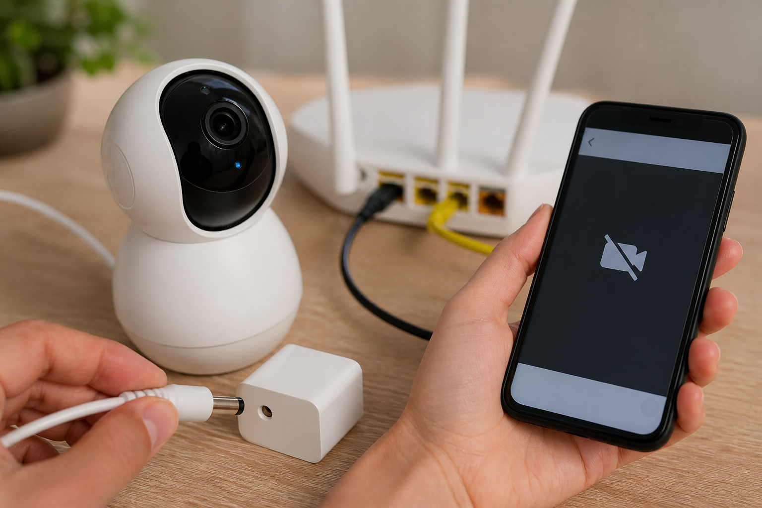 Security camera power connection and Wi-Fi router checked while camera is offline