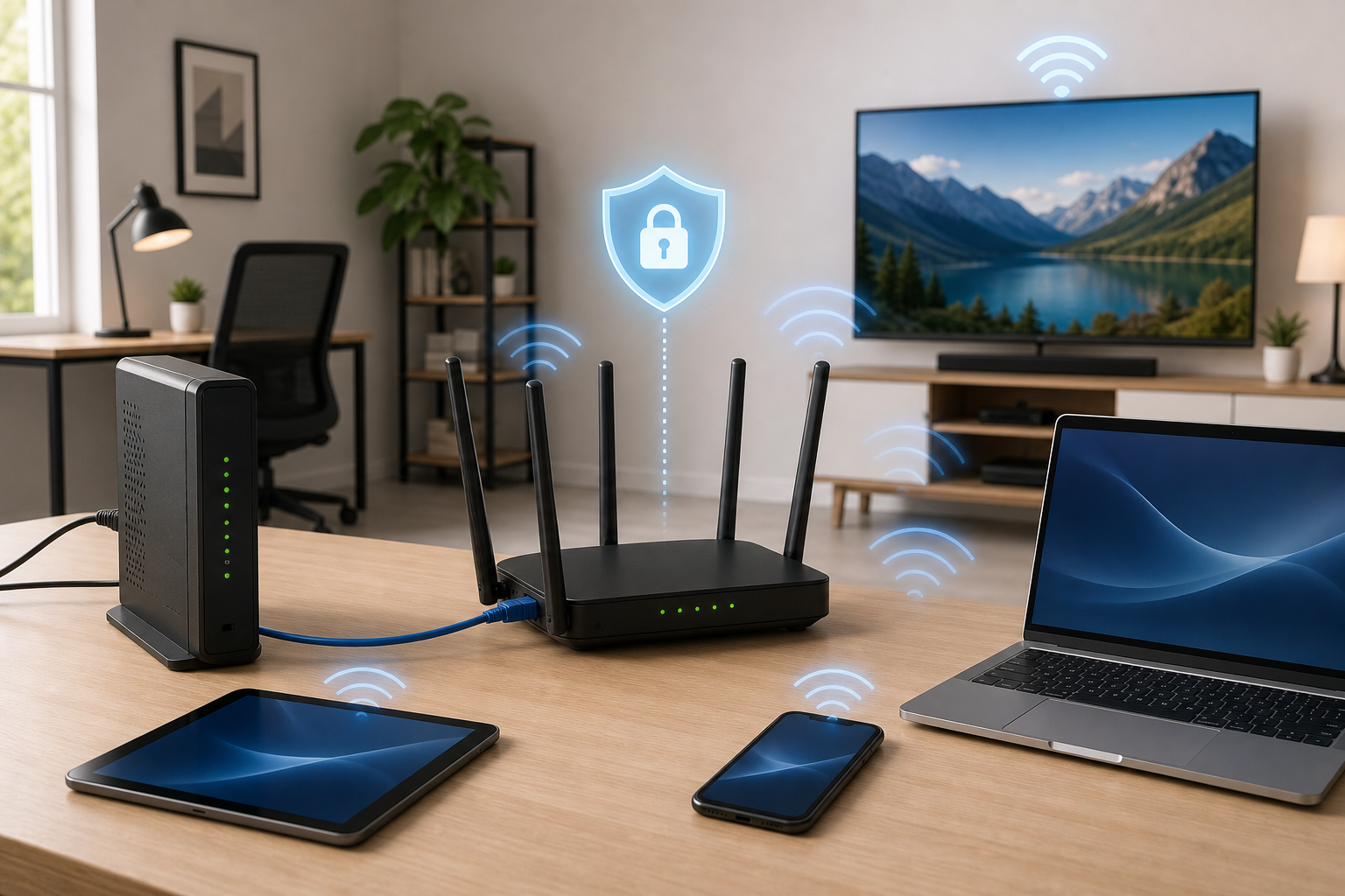 Secure home Wi-Fi setup with modem, router, and connected devices