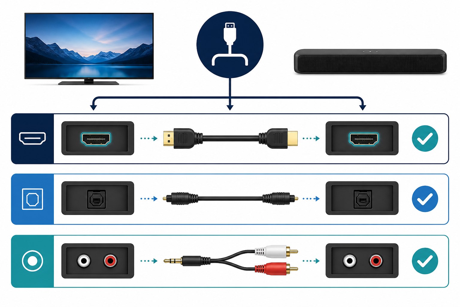 Cable selection diagram matching TV and soundbar HDMI optical and analog ports