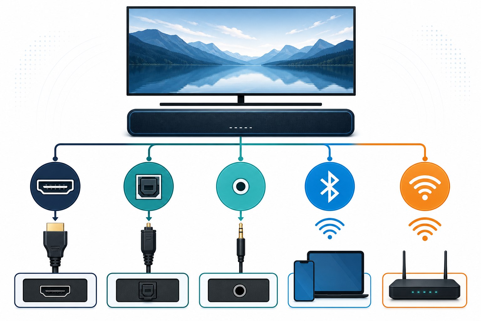 Diagram comparing HDMI optical analog Bluetooth and Wi-Fi soundbar connections