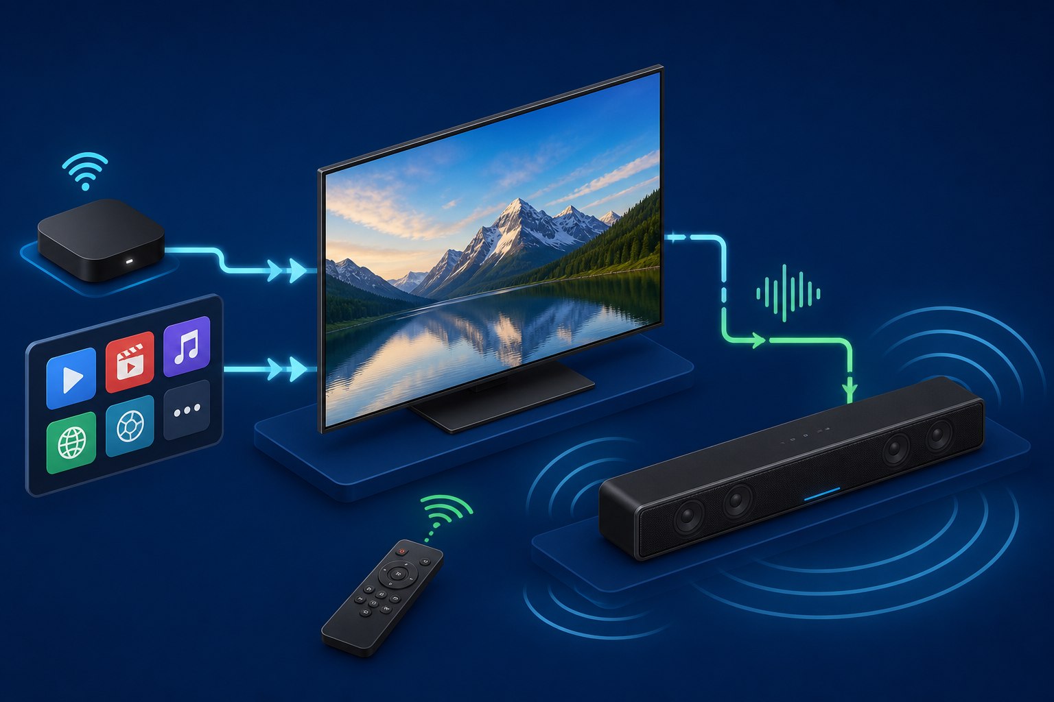 HDMI eARC signal path from streaming sources through a TV to a soundbar