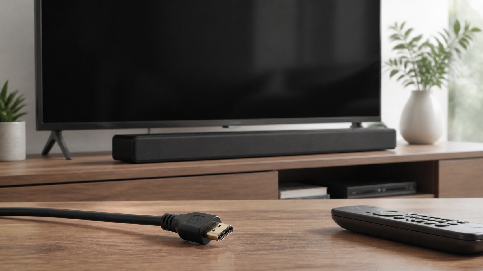 HDMI cable and remote ready for soundbar ARC troubleshooting