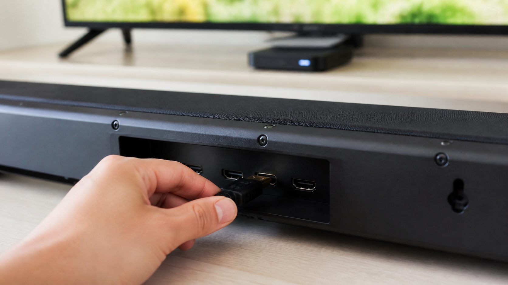 Hand reseating an HDMI cable in a soundbar