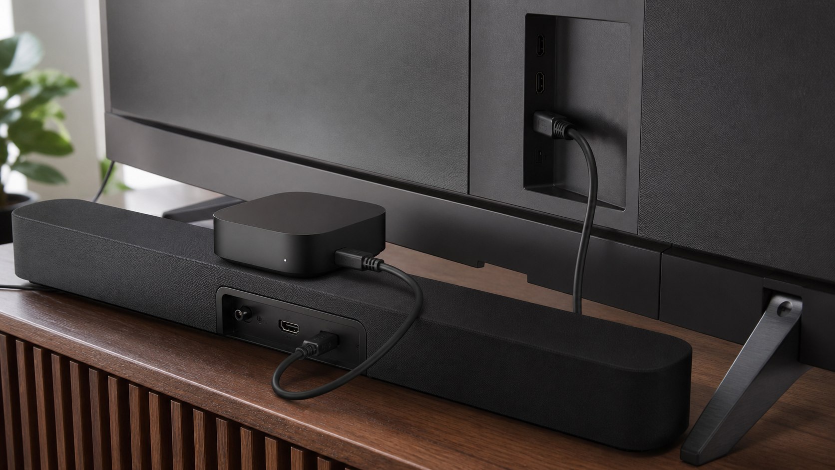 HDMI source to soundbar input and soundbar output to television signal path