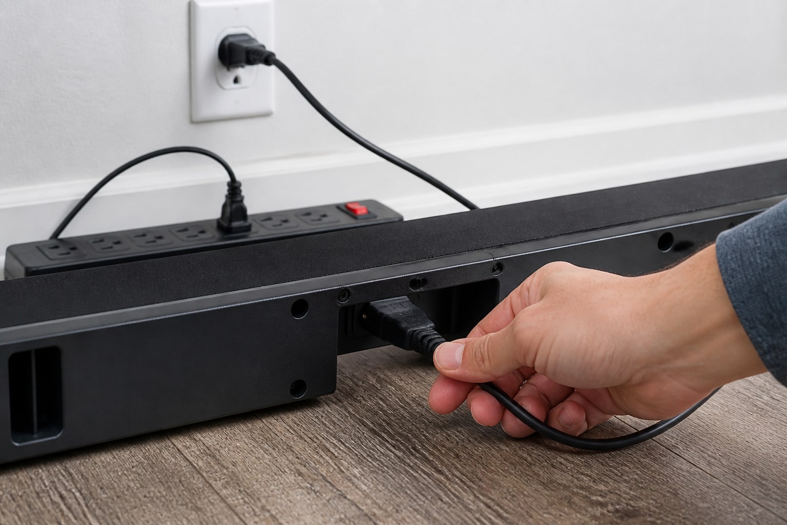 Checking the soundbar power cable connection at the back of the soundbar