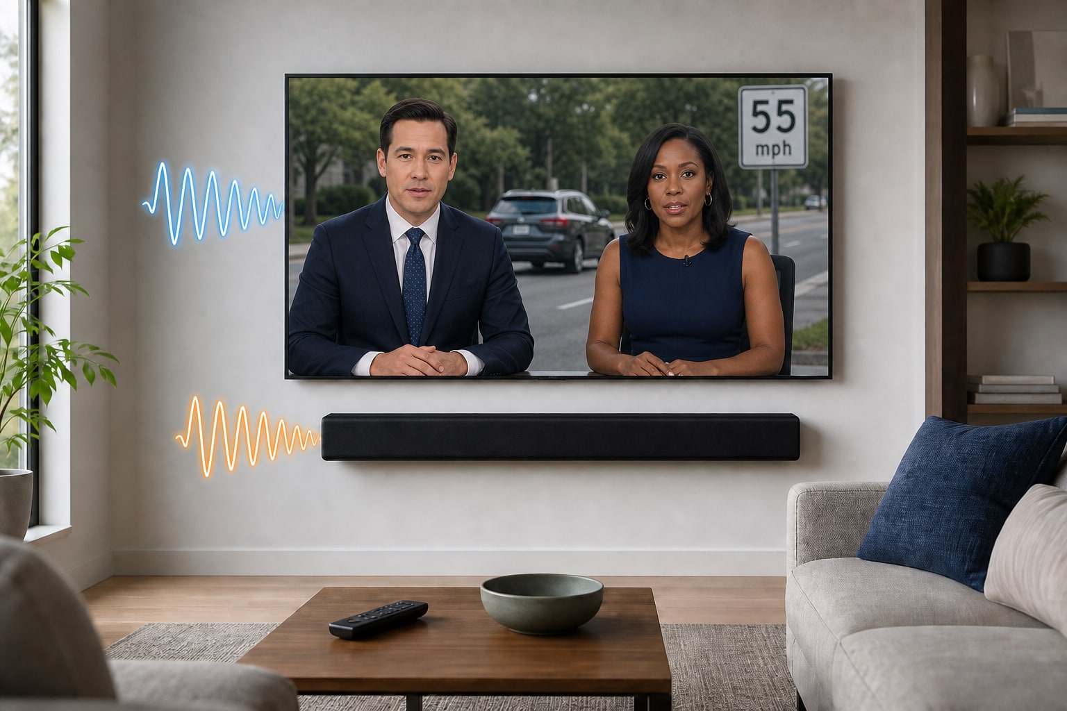 TV news broadcast with two anchors, a street vehicle, 55 mph sign, and soundbar audio delay waves