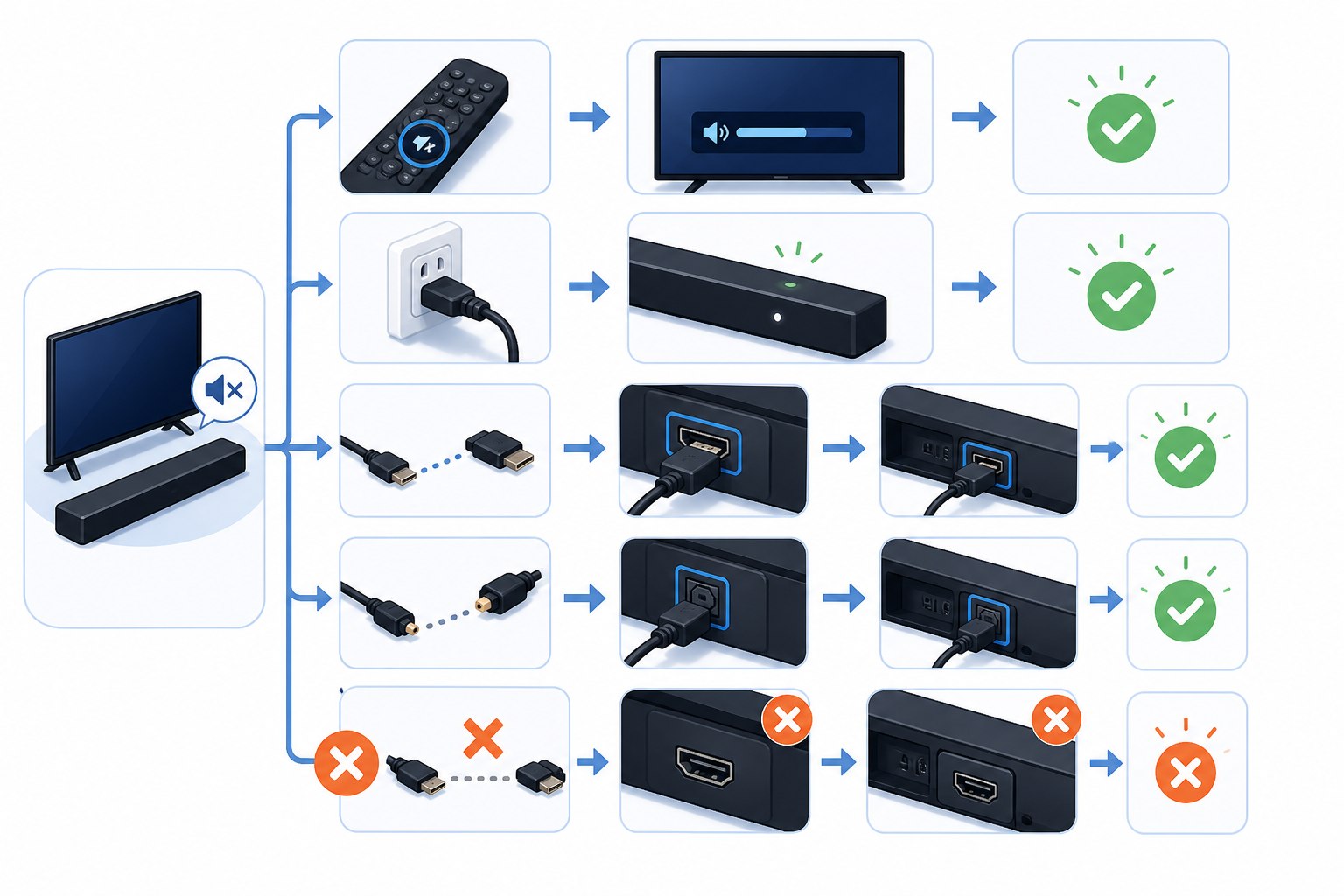 Soundbar no-sound troubleshooting flow showing power, remote, HDMI and optical checks
