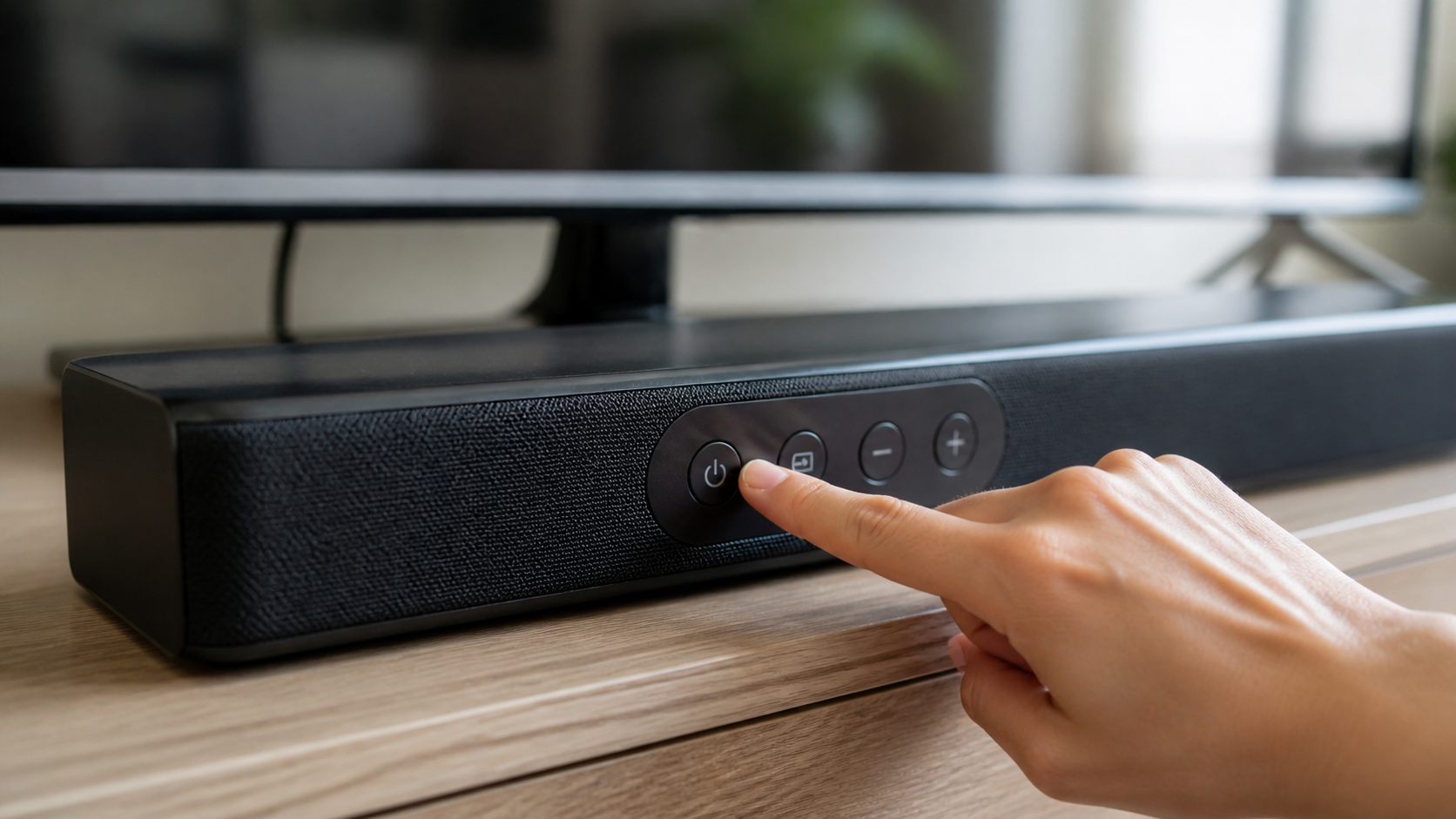 Hand pressing the power button on a soundbar