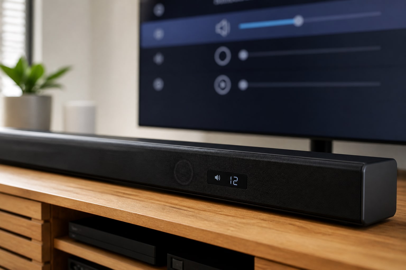 Soundbar displaying a low volume level beside TV audio settings