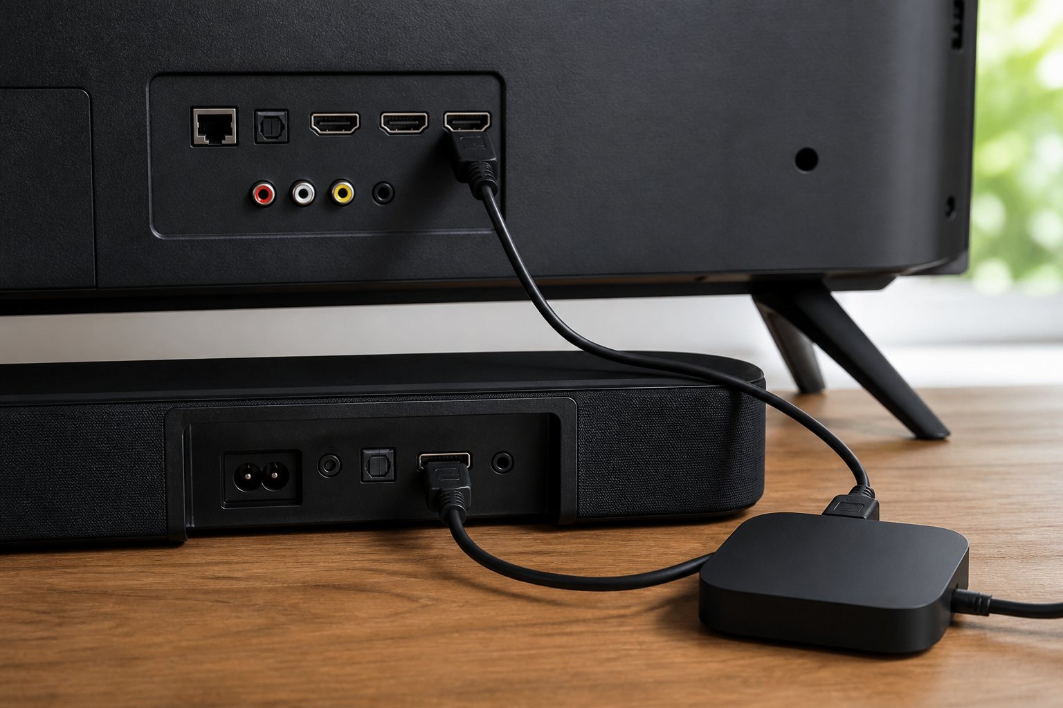 Streaming device HDMI connection layout between a TV and soundbar
