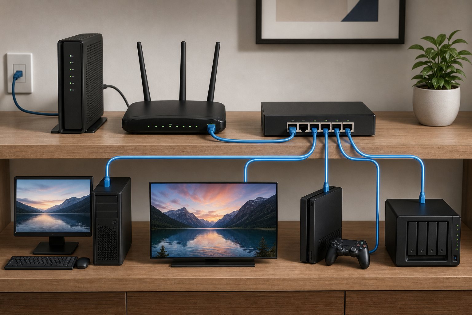 Ethernet switch connected to a router and multiple wired devices