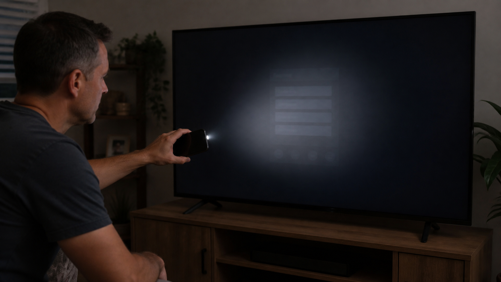 Homeowner shining a phone flashlight across a dark TV screen to look for a faint image