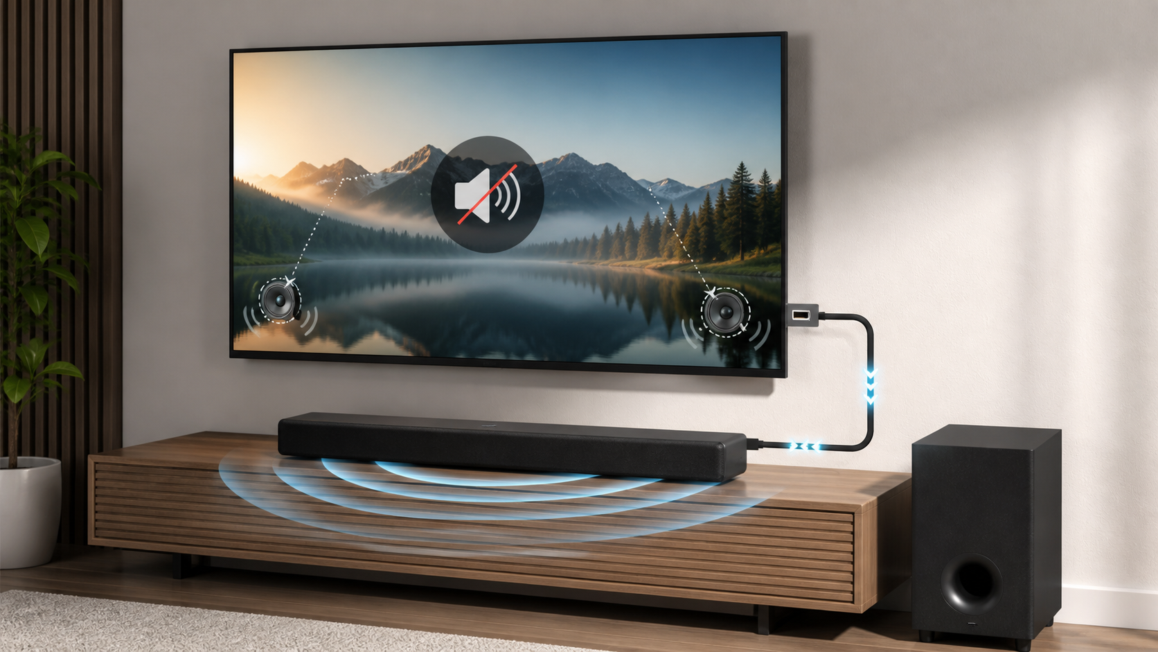 Muted television speakers with audio playing through an HDMI-connected soundbar