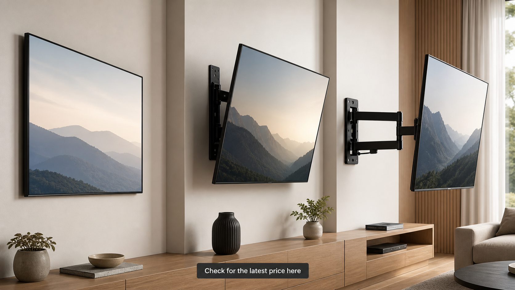 Fixed, tilting, and articulating TV wall mount styles with latest-price callout
