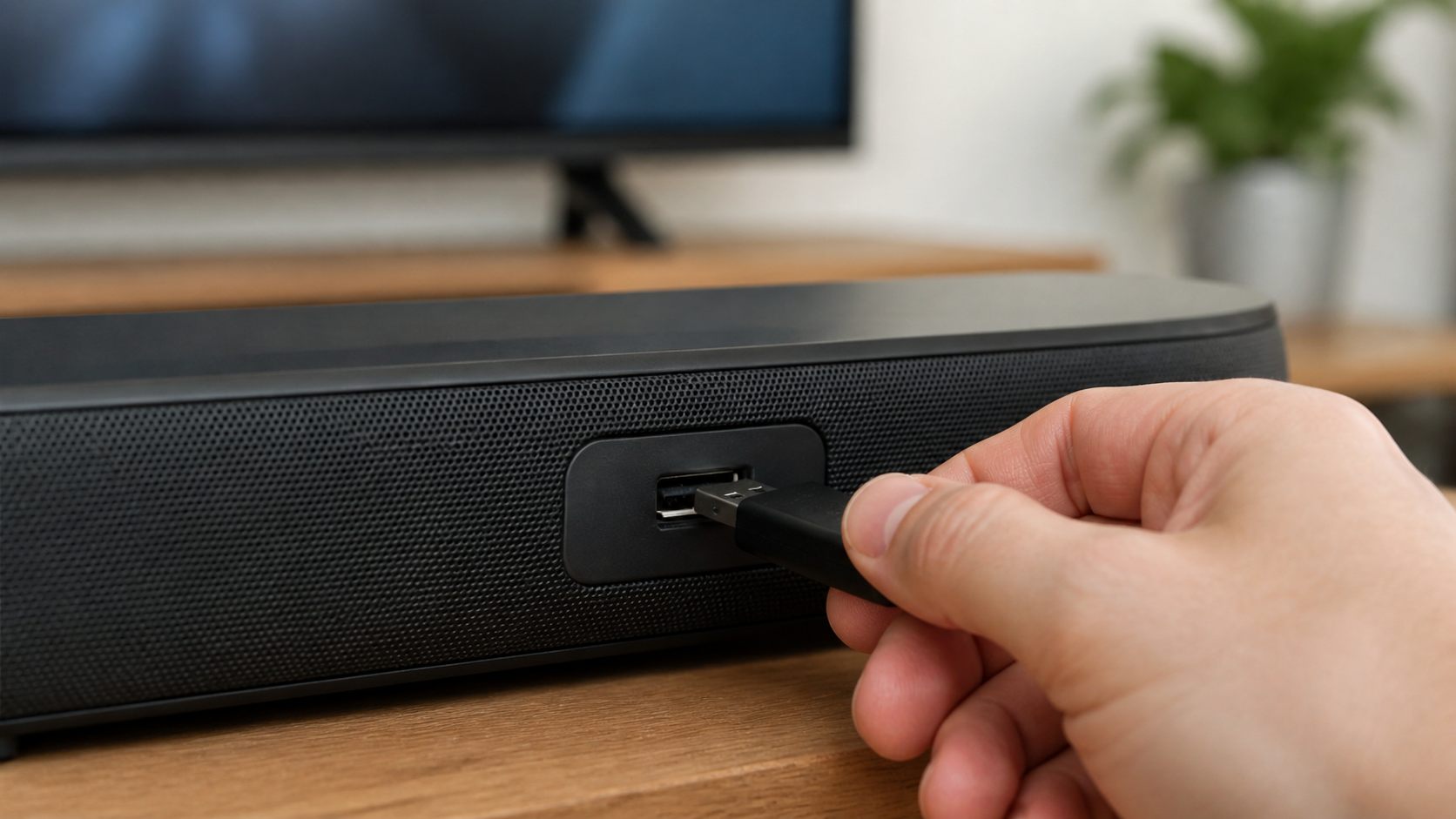 USB drive being inserted into a soundbar