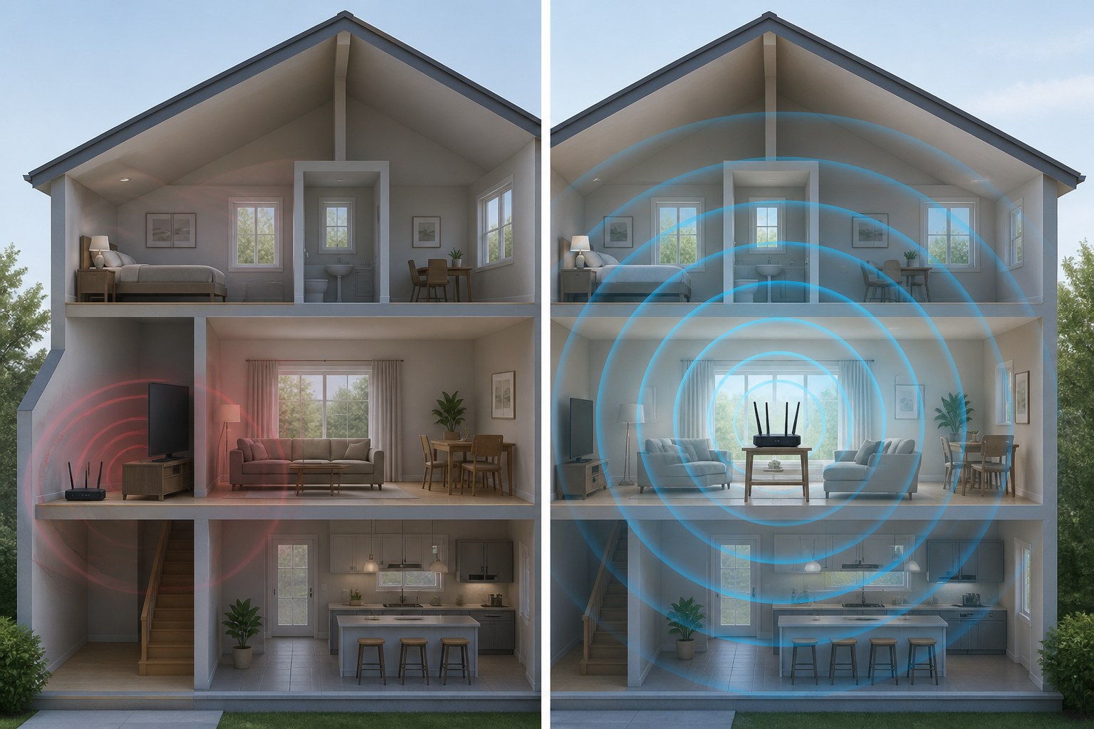 Comparison of weak Wi-Fi from a corner router and improved coverage from central placement
