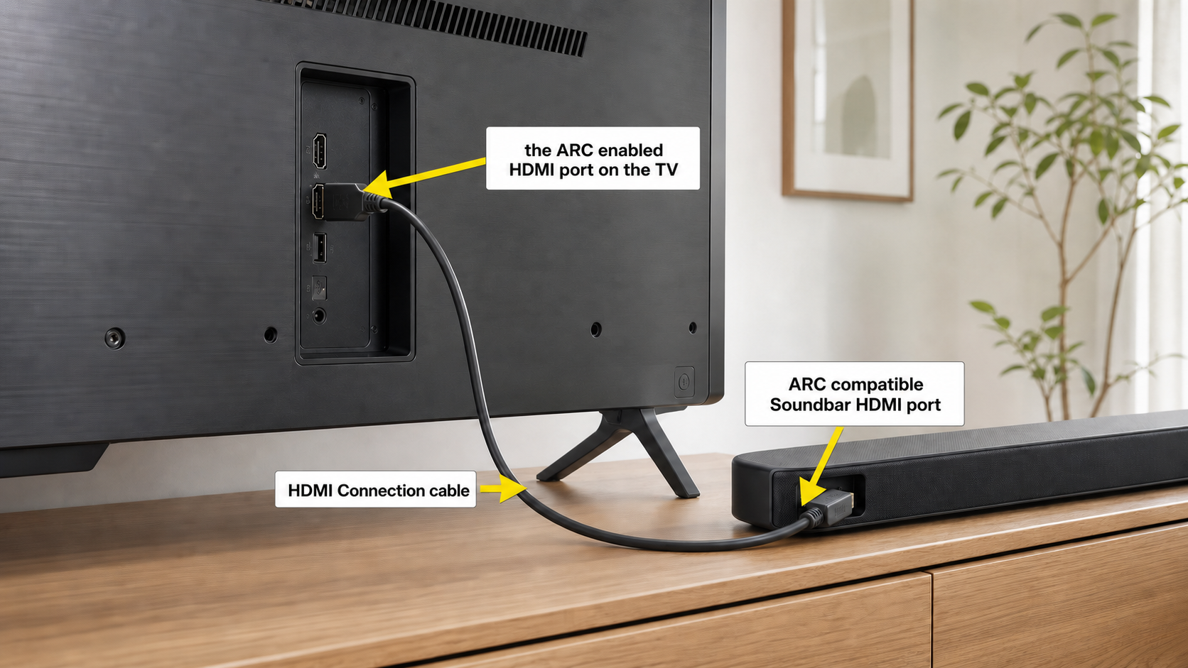 Yellow arrows identify the TV ARC HDMI port, HDMI cable, and soundbar ARC HDMI port