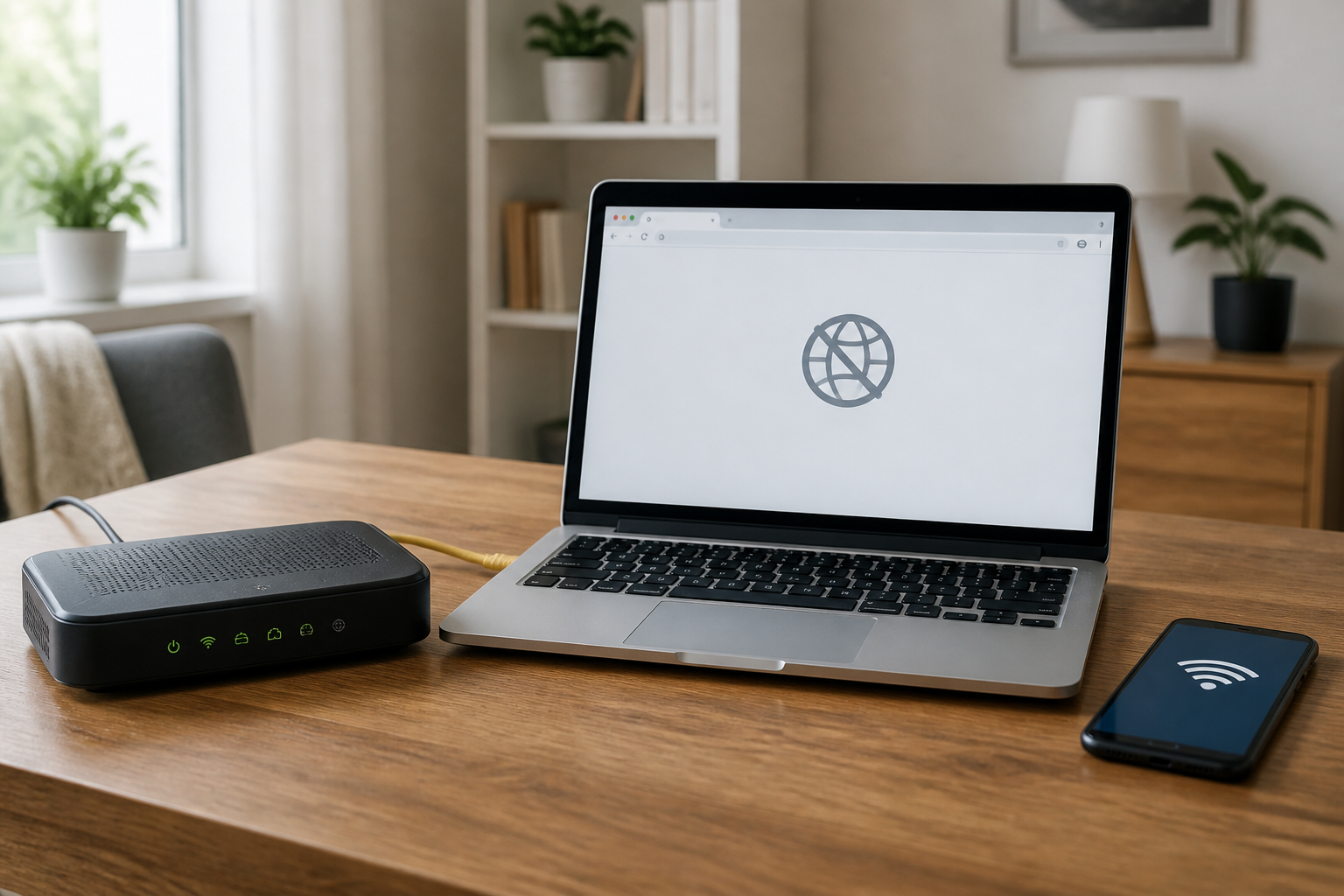 Laptop connected to a home Wi-Fi router while showing no internet access
