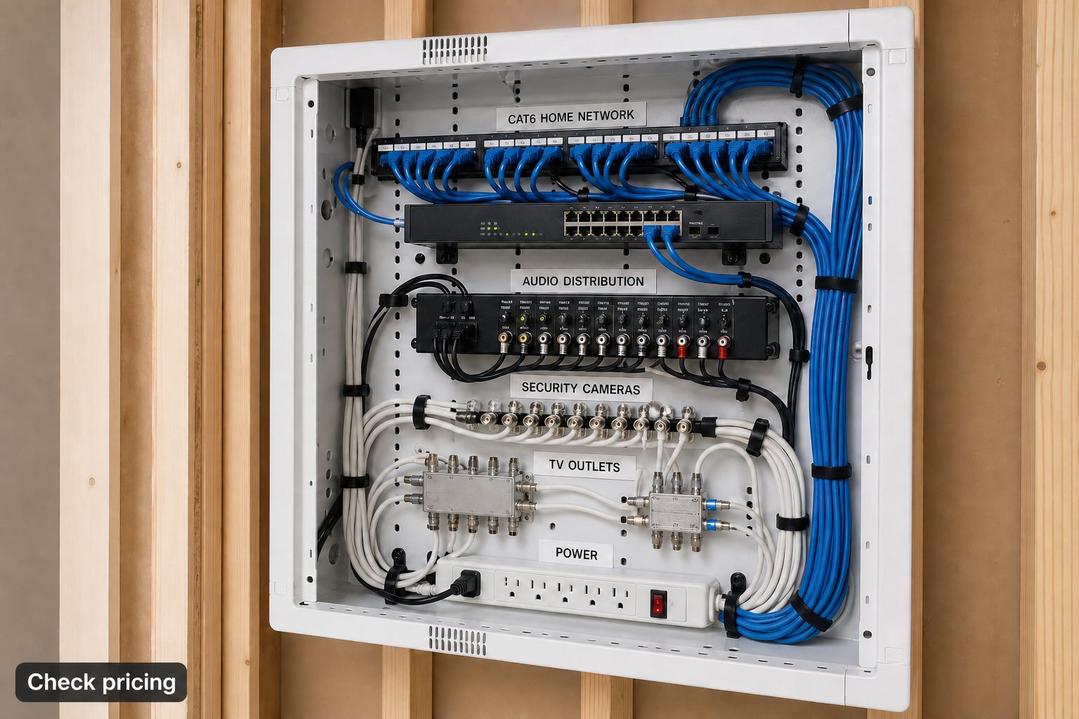 Labeled residential structured wiring cabinet with Cat6, audio, camera, TV, and power distribution