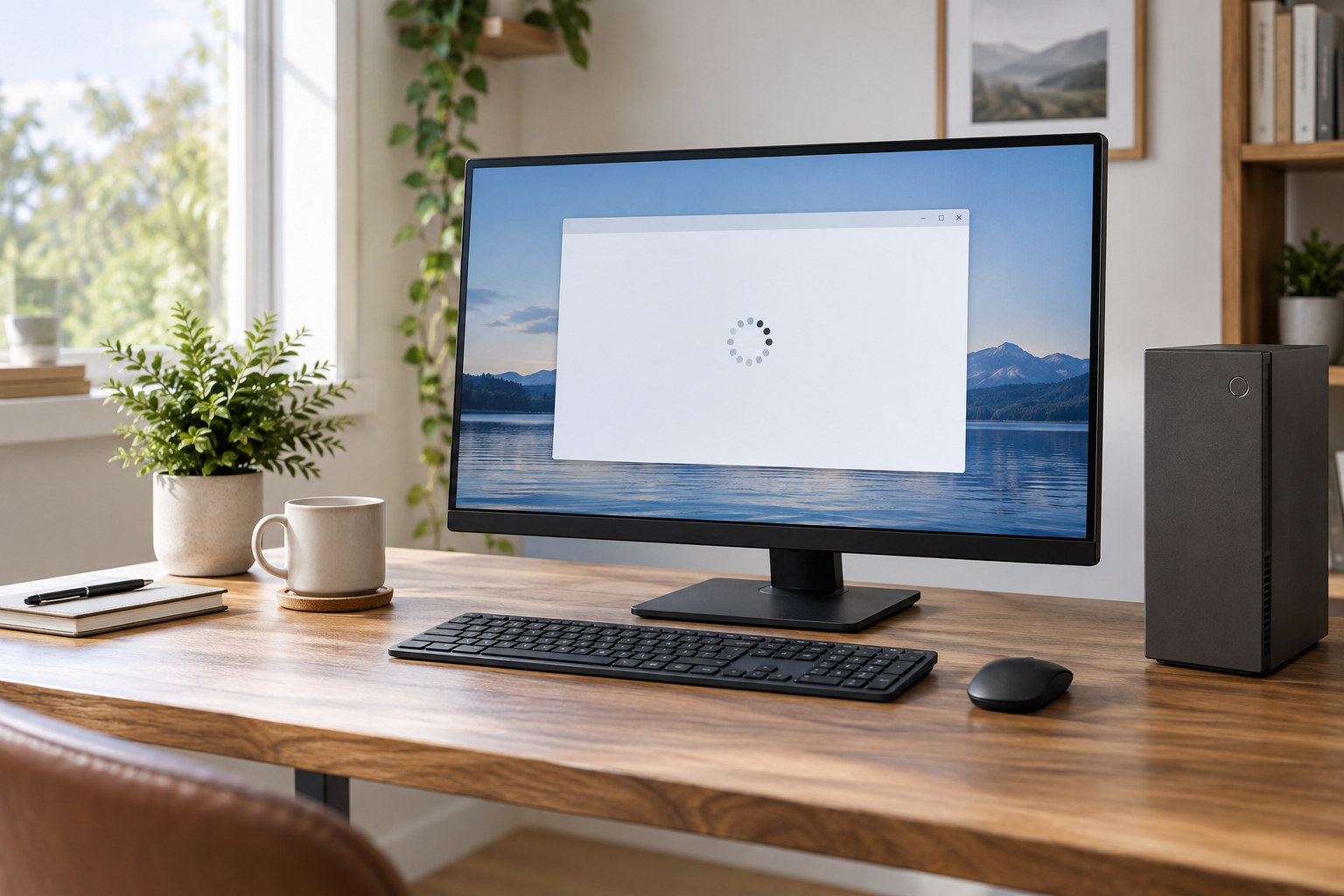 Desktop computer showing an unresponsive application window with a loading cursor